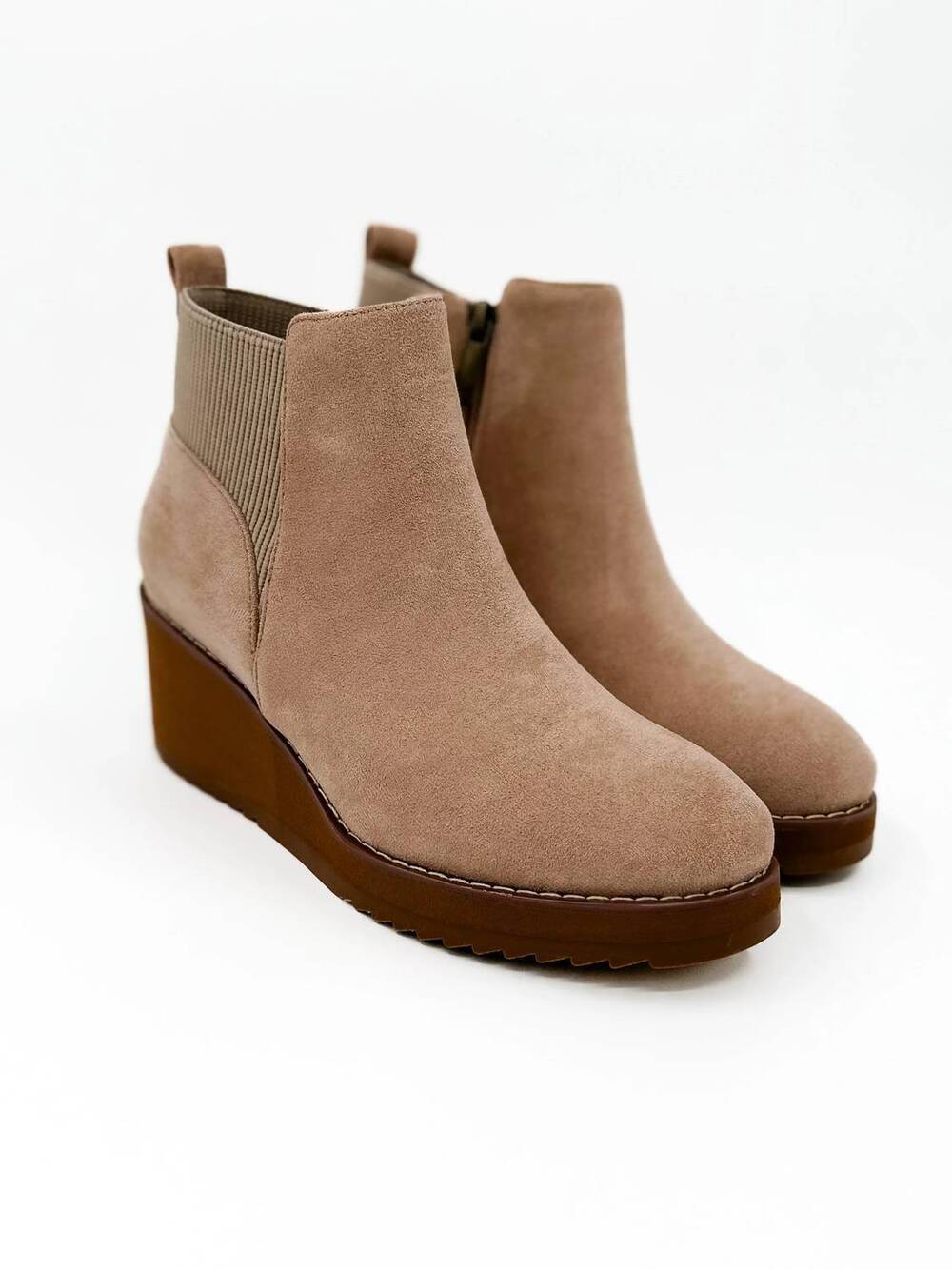 NEW CORKYS FOOTWEAR women's let's get lost faux suede wedge booties in tan